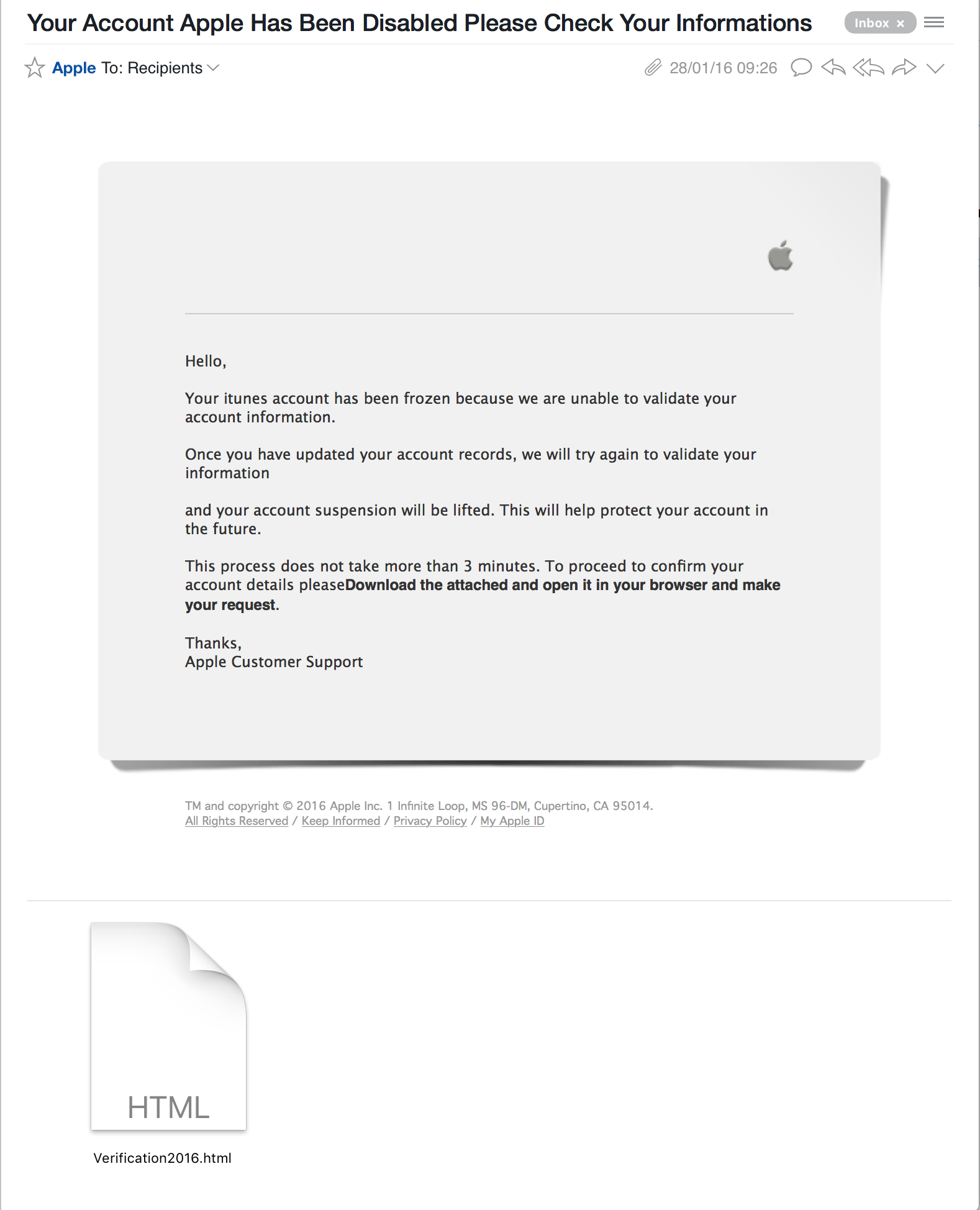 Lažno elektronsko sporočilo za potrditev podatkov za račun Apple ID